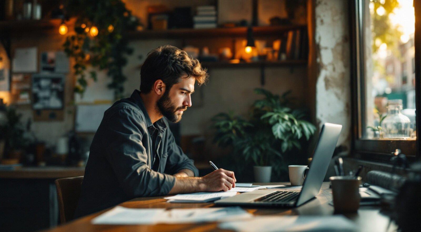 Dueño de un pequeño negocio revisando cuentas frente a su laptop